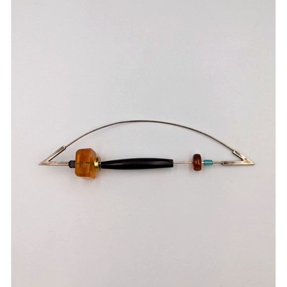 Sterling Silver Amber Brooch Modernist Artist Made Vintage Safety Pin Type 925 - Picture 1 of 13